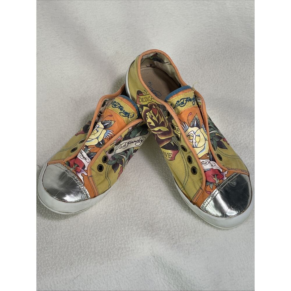 Y2K Ed Hardy Women’s Shoes Size 7 Yellow/ Orange With Metallic Style Cap Toe